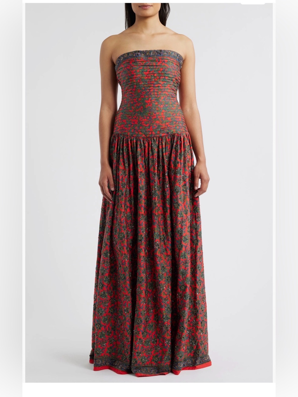 Smocked Strapless Red Floral Maxi Skirt